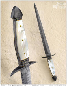 Integral Dagger, ladder pattern Damascus with mother of pearl. AKI 2019